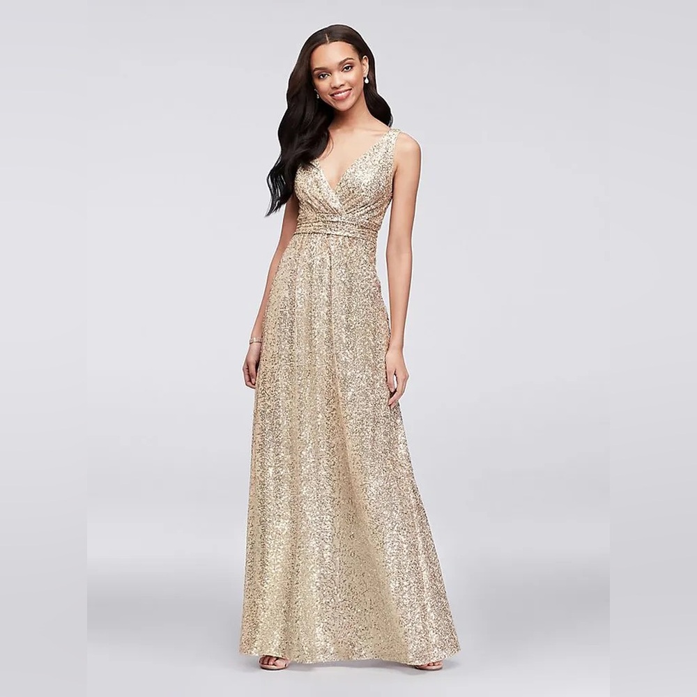 Amsale Women's Gold Sequin Sleeveless Plunge Neck Formal Gown- Size 12‎